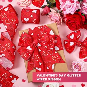 2 Roll Valentine's Day Hearts Wired Edge Ribbon Love Valentines Fabric Ribbons Red Ribbon for Gift Wrapping Party Wedding Decoration, 2.5" x 10 Yards Per Roll, Red White