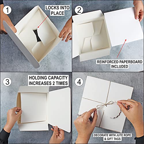 mudrit White Gift Boxes (Pack of 10) Size 8x8x4 Inches, Thick Paper Boxes with Lids, Tags & Jute Rope for Bridesmaid Proposals, Wedding Presents, Birthday Party Favor, Baby Shower and Christmas