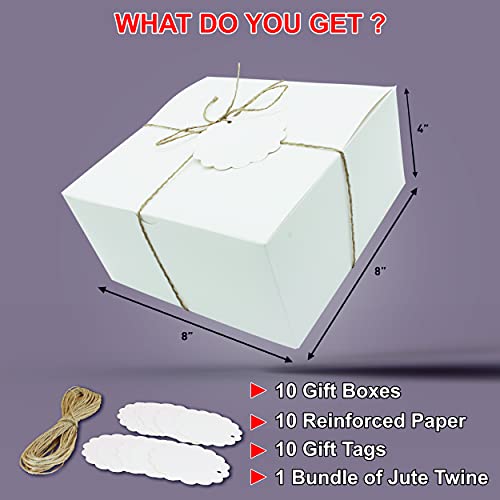 mudrit White Gift Boxes (Pack of 10) Size 8x8x4 Inches, Thick Paper Boxes with Lids, Tags & Jute Rope for Bridesmaid Proposals, Wedding Presents, Birthday Party Favor, Baby Shower and Christmas