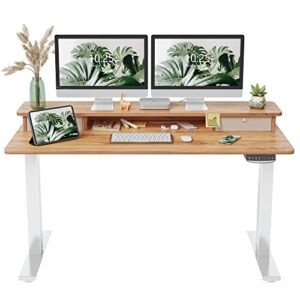 fezibo height adjustable electric standing desk with double drawer, 55 x 24 inch stand up table with storage shelf, sit stand desk with splice board, white frame/light rustic brown top
