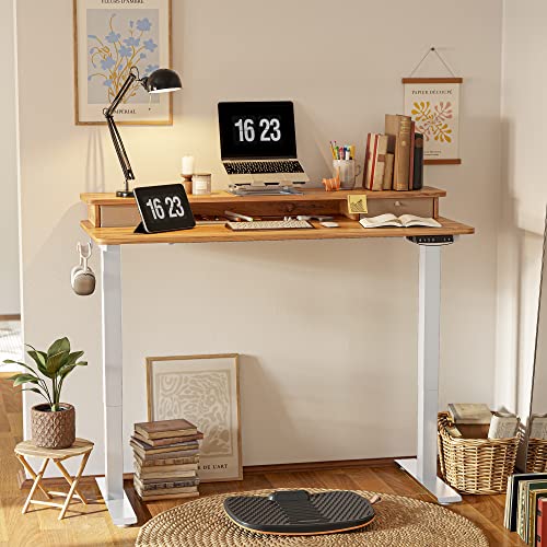 FEZIBO Height Adjustable Electric Standing Desk with Double Drawer, 55 x 24 Inch Stand Up Table with Storage Shelf, Sit Stand Desk with Splice Board, White Frame/Light Rustic Brown Top