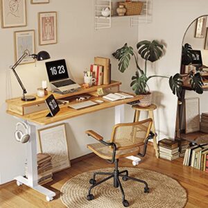 FEZIBO Height Adjustable Electric Standing Desk with Double Drawer, 55 x 24 Inch Stand Up Table with Storage Shelf, Sit Stand Desk with Splice Board, White Frame/Light Rustic Brown Top
