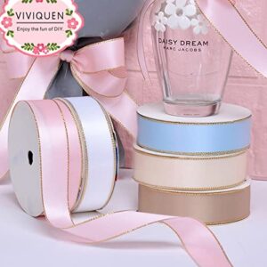 VIVIQUEN White Double Faced Satin Ribbon with Gold Edge, 1” Polyester Continuous Ribbon -25 Yards,Wide Ribbon for Gift Wrapping,Wedding,Bows Bouquet,Floral Arrangement and Craft