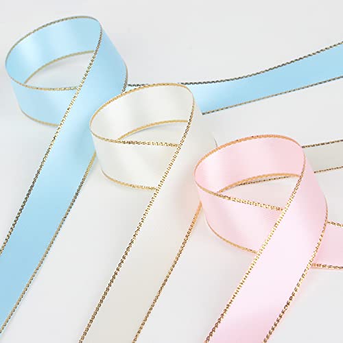 VIVIQUEN White Double Faced Satin Ribbon with Gold Edge, 1” Polyester Continuous Ribbon -25 Yards,Wide Ribbon for Gift Wrapping,Wedding,Bows Bouquet,Floral Arrangement and Craft