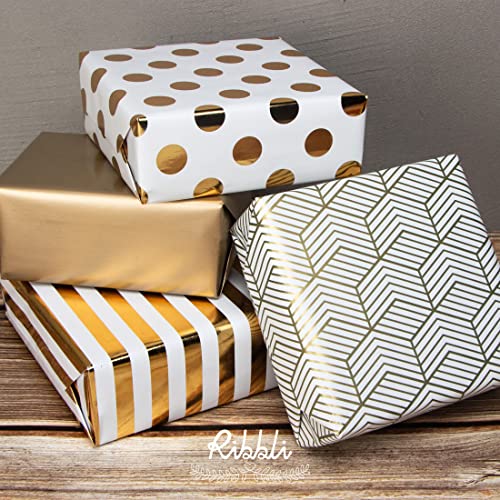 Ribbli Christmas Wrapping Paper, White and Gold Wrapping Paper for Birthday, Holiday, Wedding, Graduations, Baby Shower, Polka dots/Stripes/Geometric/Matte Gold,4 Rolls - 30 inch x 120 inch(10feet) Per Roll