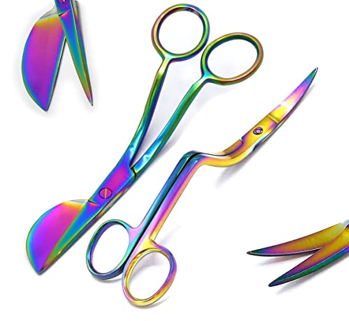 WellnessD'Light Set of 2 Multi Rainbow Color 6 Inch Stainless Steel Applique Duckbill Scissors Blade with Offset Handle & 6 Inch Machine Embroidery Double Curved Scissors Bundle by WDL