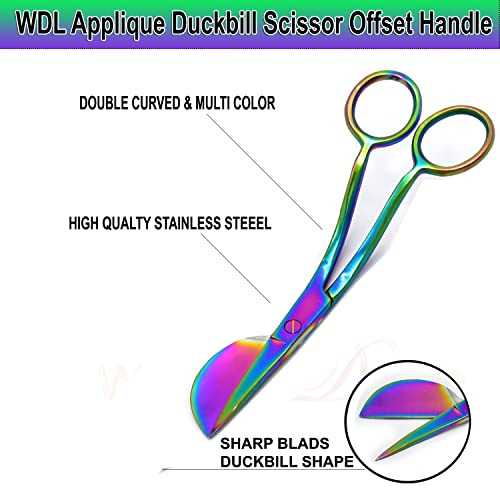 WellnessD'Light Set of 2 Multi Rainbow Color 6 Inch Stainless Steel Applique Duckbill Scissors Blade with Offset Handle & 6 Inch Machine Embroidery Double Curved Scissors Bundle by WDL