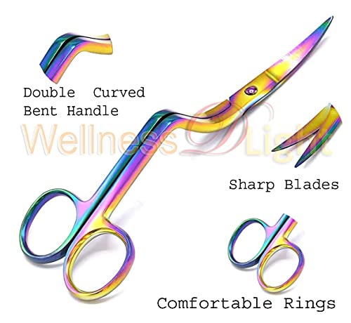 WellnessD'Light Set of 2 Multi Rainbow Color 6 Inch Stainless Steel Applique Duckbill Scissors Blade with Offset Handle & 6 Inch Machine Embroidery Double Curved Scissors Bundle by WDL