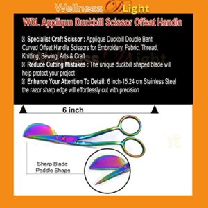 WellnessD'Light Set of 2 Multi Rainbow Color 6 Inch Stainless Steel Applique Duckbill Scissors Blade with Offset Handle & 6 Inch Machine Embroidery Double Curved Scissors Bundle by WDL