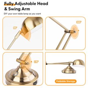 Architect Gold Desk Lamp Dimmable with USB Port, Adjustable Touch Control Vintage Desk Lamp 3 Color Modes, Brass Metal Desk Lamp Retro Style Reading Light for Home Office Desk Bedside Table