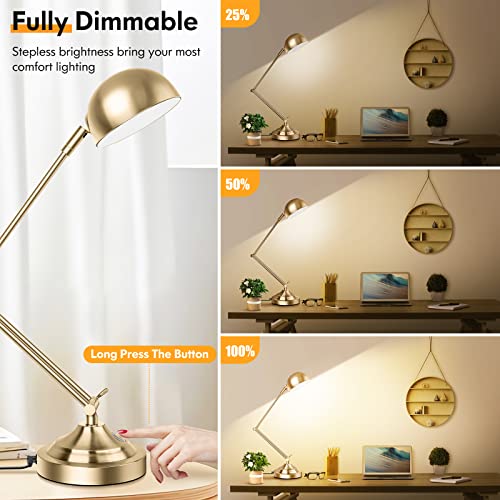 Architect Gold Desk Lamp Dimmable with USB Port, Adjustable Touch Control Vintage Desk Lamp 3 Color Modes, Brass Metal Desk Lamp Retro Style Reading Light for Home Office Desk Bedside Table