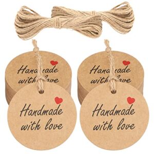 100pcs handmade tags,gift tags with string,handmade with love gift tags,kraft paper tags,craft round brown tags,personalized hang tags circle labels for craft items,wedding favors,party supplies (2″)