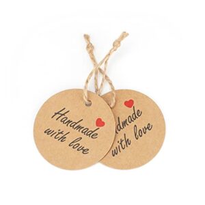 100Pcs Handmade Tags,Gift Tags with String,Handmade with Love Gift Tags,Kraft Paper Tags,Craft Round Brown Tags,Personalized Hang Tags Circle Labels for Craft Items,Wedding Favors,Party Supplies (2")