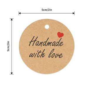 100Pcs Handmade Tags,Gift Tags with String,Handmade with Love Gift Tags,Kraft Paper Tags,Craft Round Brown Tags,Personalized Hang Tags Circle Labels for Craft Items,Wedding Favors,Party Supplies (2")