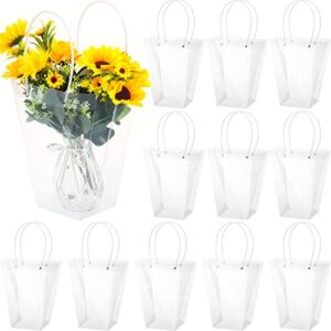 woanger 12 pieces clear flower bouquet bags with handle, transparent florist shop packaging supplies plastic flower bag for mother day fathers day graduation birthday wedding, 9.3 x 4.7 x 10.2 inch