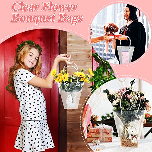 Woanger 12 Pieces Clear Flower Bouquet Bags with Handle, Transparent Florist Shop Packaging Supplies Plastic Flower Bag for Mother Day Fathers Day Graduation Birthday Wedding, 9.3 x 4.7 x 10.2 Inch