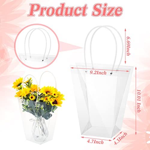 Woanger 12 Pieces Clear Flower Bouquet Bags with Handle, Transparent Florist Shop Packaging Supplies Plastic Flower Bag for Mother Day Fathers Day Graduation Birthday Wedding, 9.3 x 4.7 x 10.2 Inch