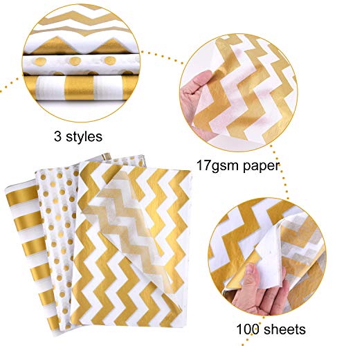 MIAHART 100 Pcs Gold White Tissue Paper Bulk 3 Style Decorative Metallic Wrapping Paper for Gift Bags Birthday Christmas Party Decoration, DIY Arts Crafts Gold Dot Wave Design Patterned(100 Sheet)