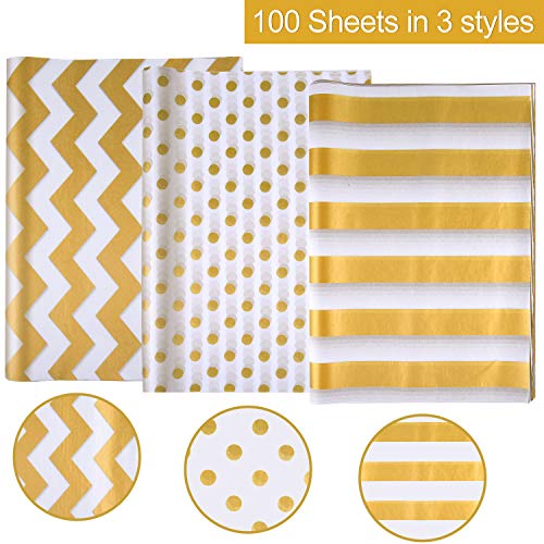 MIAHART 100 Pcs Gold White Tissue Paper Bulk 3 Style Decorative Metallic Wrapping Paper for Gift Bags Birthday Christmas Party Decoration, DIY Arts Crafts Gold Dot Wave Design Patterned(100 Sheet)