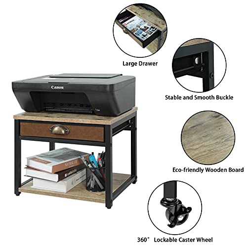X-cosrack Printer Stand, Under Desk and Desktop Multi-Purpose with Storage Drawers, Wooden 2 Tiers Printer Cart with Detachable Wheels and Anti-Skid Feet for Mini Printer Scanner Fax Home and Office