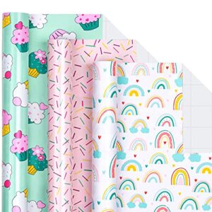 lezakaa mini wrapping paper roll – mini roll – cupcake/rainbow/colorful stripe for birthday – 17 x 120 inches – 3 rolls (43.77 sq.ft.ttl.)