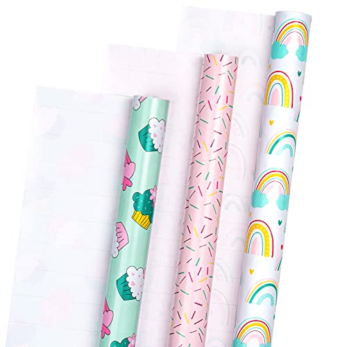 LeZakaa Mini Wrapping Paper Roll - Mini Roll - Cupcake/Rainbow/Colorful Stripe for Birthday - 17 x 120 inches - 3 Rolls (43.77 sq.ft.ttl.)