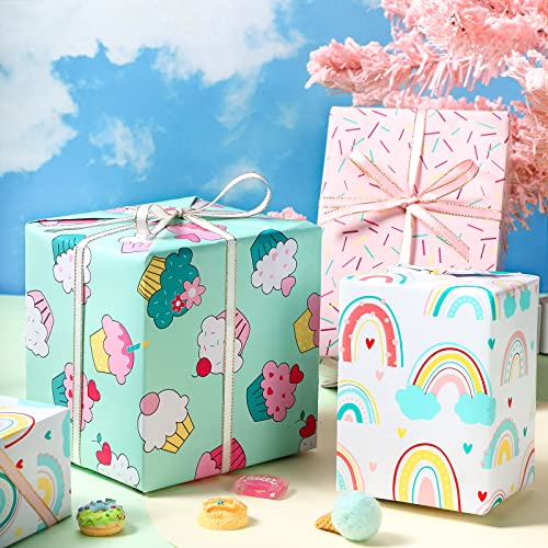 LeZakaa Mini Wrapping Paper Roll - Mini Roll - Cupcake/Rainbow/Colorful Stripe for Birthday - 17 x 120 inches - 3 Rolls (43.77 sq.ft.ttl.)