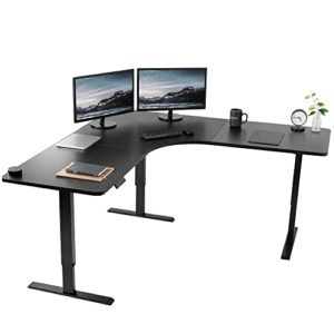 vivo electric height adjustable 71 x 71 inch curved corner stand up desk, black 4 section table top, black frame with memory controller, l-shaped standing workstation, desk-kit-e3cb2
