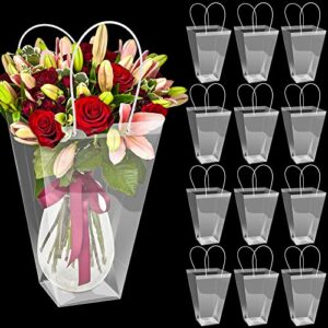 12 pcs clear flower bouquet bag with handle large transparent florist retail shop packaging plastic gift bags for birthday christmas valentine mother’s father’s day wedding, 11.4 x 5.9 x 16.7 inch