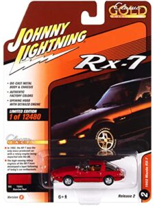 1982 mazda rx-7 sunrise red w/black stripes classic gold collection ltd ed to 12480 pcs 1/64 diecast model car by johnny lightning jlcg029-jlsp244 b