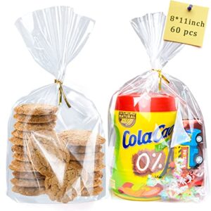 Labeol 60Pcs Cellophane Bags 8X11 Gusset Bottom Goodie Bags Treat Bags with Ties Clear Gift Bags for Packaging Party Favor Cookie Candy Cookie Gift Wrapping Valentines Day