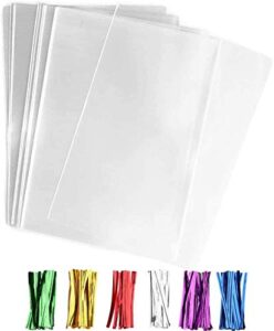 50 pcs clear 11″ x 14″ flat cello cellophane bags poly treat bags 2.8 mils for gift wrapping, bakery, cookie, candies, toast, dessert, party favors packaging with color twist ties