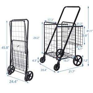 SUPER DEAL Folding Shopping Cart with Wheels and Double Basket for Groceries Laundry Book Luggage Travel, Black