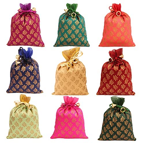 Touchstone Gorgeous Gift Wrapping bags reusable environment friendly Large Drawstring Mimosa Leaf Pattern Brocade for birthdays, wedding, return present packing set. pack of 9. 9x7 inches