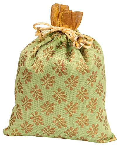 Touchstone Gorgeous Gift Wrapping bags reusable environment friendly Large Drawstring Mimosa Leaf Pattern Brocade for birthdays, wedding, return present packing set. pack of 9. 9x7 inches