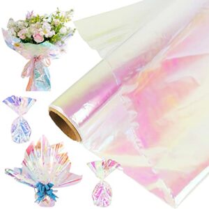 34 x 590 inch iridescent cellophane wrap paper roll, food grade transparent cellophane roll plastic wrap for flower, gifts, baskets, arts & crafts, treats wrapping