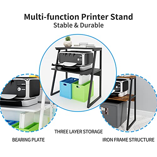 PUNCIA Desktop 3-Tier Wood Printer Stand Black Large Size High Capacity Storage Desk Shelves for Dorm Home Office Organizer of Printer Fax Book Heavy Duty Rack for Home Office Supplie