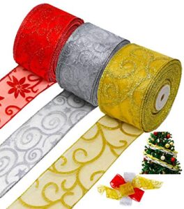 joyin 3 color rolls christmas ribbon wired 2.75”, 100+ yard total， sheer glitter swirl ribbon for holiday xmas gift box wrapping, hair bows making, christmas tree, sewing, craft decoration