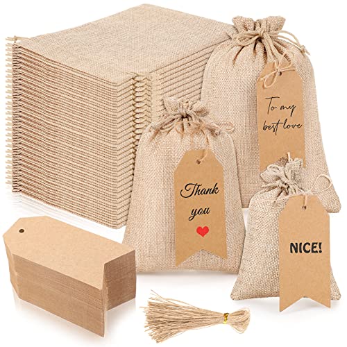 24 Pcs Burlap Gift Bags with Drawstring, Small Burlap Bags Bulk 3 Assorted Size Gift Bags Reusable Burlap Sacks Jewelry Pouches with Gift Tags and String for Thank You Gift Holiday DIY Craft Bags