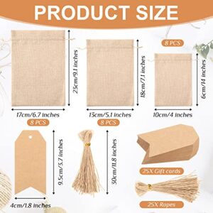 24 Pcs Burlap Gift Bags with Drawstring, Small Burlap Bags Bulk 3 Assorted Size Gift Bags Reusable Burlap Sacks Jewelry Pouches with Gift Tags and String for Thank You Gift Holiday DIY Craft Bags