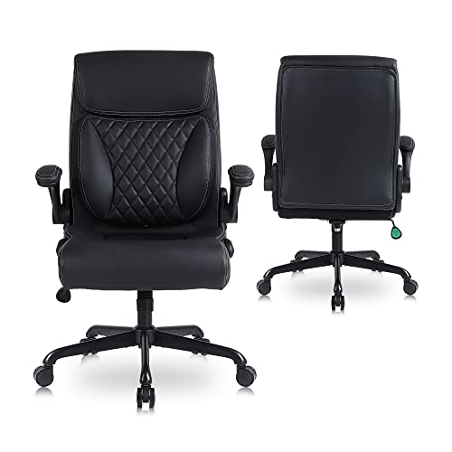 Executive Office Chair, Ergonomic Home Office Desk Chairs, PU Leather Computer Chair with Lumbar Support, Flip-up Armrests and Adjustable Height, Youchauchair High Back Work Chair, Black