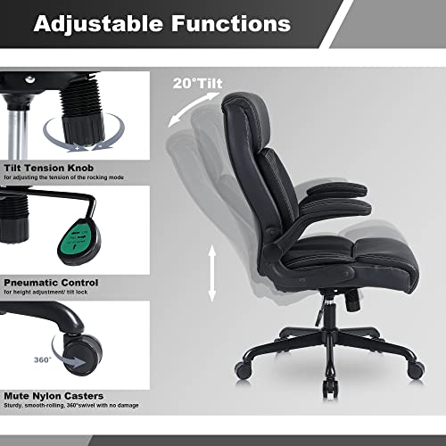 Executive Office Chair, Ergonomic Home Office Desk Chairs, PU Leather Computer Chair with Lumbar Support, Flip-up Armrests and Adjustable Height, Youchauchair High Back Work Chair, Black