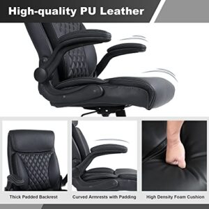 Executive Office Chair, Ergonomic Home Office Desk Chairs, PU Leather Computer Chair with Lumbar Support, Flip-up Armrests and Adjustable Height, Youchauchair High Back Work Chair, Black