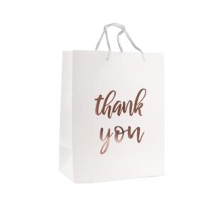 12 pack thank you gift bags – elegant paper gift bags with ‘’thank you’’ embossed in rose gold foil letters – perfect for birthday party, wedding party, paper favor bags 4″x 7″x 9″ inches – white