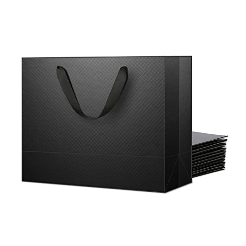 MALICPLUS 12 Large Gift Bags 13x5x10 Inches, Gift Bags Large Size, Black Gift Bags with Handles for All Occasions (Lattice Texture Finish)