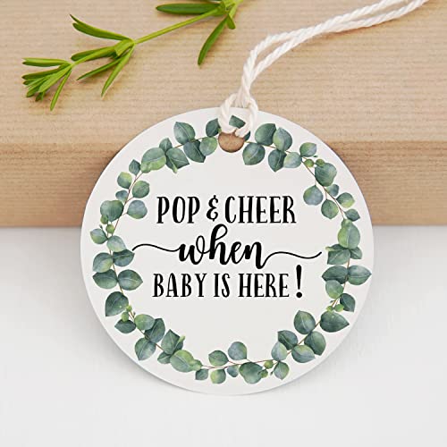 Baby Shower Mini Champagne Bottle Favor Tags, Pop and Cheer When Baby is Here Tags, Greenery Champagne Baby Shower Favor Tags, 2 Inches, 50 Count with Golden Ribbon