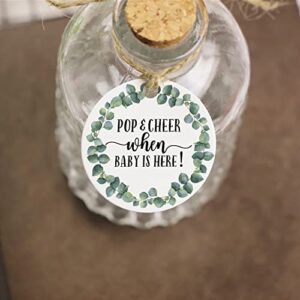 Baby Shower Mini Champagne Bottle Favor Tags, Pop and Cheer When Baby is Here Tags, Greenery Champagne Baby Shower Favor Tags, 2 Inches, 50 Count with Golden Ribbon