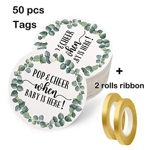 Baby Shower Mini Champagne Bottle Favor Tags, Pop and Cheer When Baby is Here Tags, Greenery Champagne Baby Shower Favor Tags, 2 Inches, 50 Count with Golden Ribbon