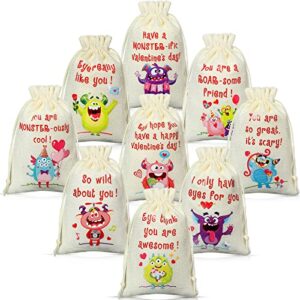 45 pcs valentine’s day burlap bags burlap canvas gift bags with monster pattern valentine linen reusable drawstring bags candy treat for boys girls valentine’s day favors party gifts supply 6 x 4 inch