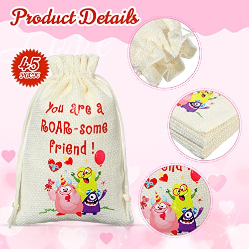 45 Pcs Valentine's Day Burlap Bags Burlap Canvas Gift Bags with Monster Pattern Valentine Linen Reusable Drawstring Bags Candy Treat for Boys Girls Valentine's Day Favors Party Gifts Supply 6 x 4 Inch